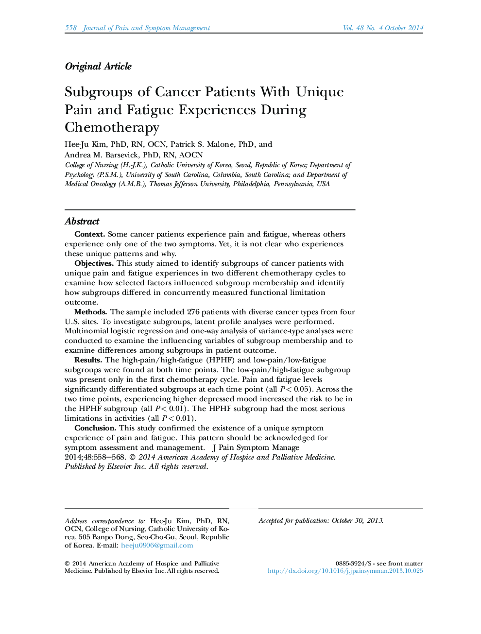 مقالات اصلی گروه های مبتلا به سرطان با تجربه های منحصر به فرد درد و خستگی در طی شیمیدرمانی 
