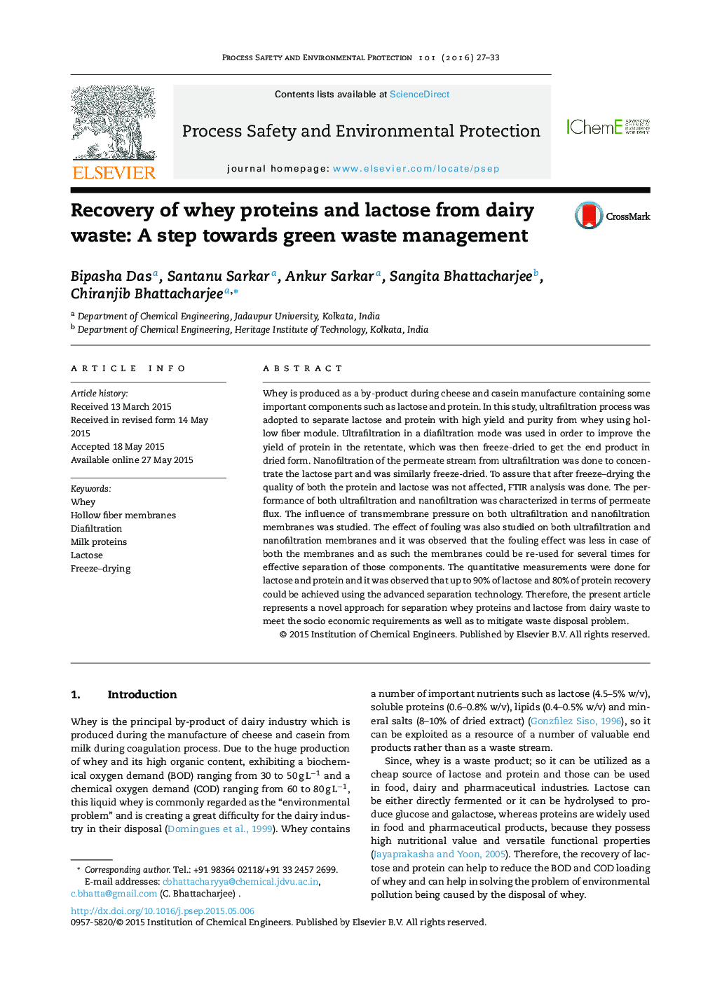 Recovery of whey proteins and lactose from dairy waste: A step towards green waste management