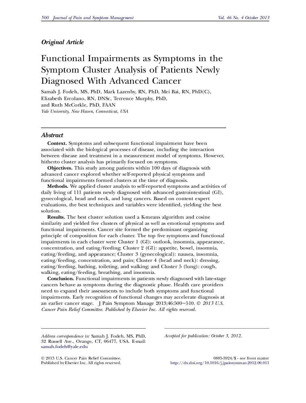 Functional Impairments as Symptoms in the Symptom Cluster Analysis of Patients Newly Diagnosed With Advanced Cancer