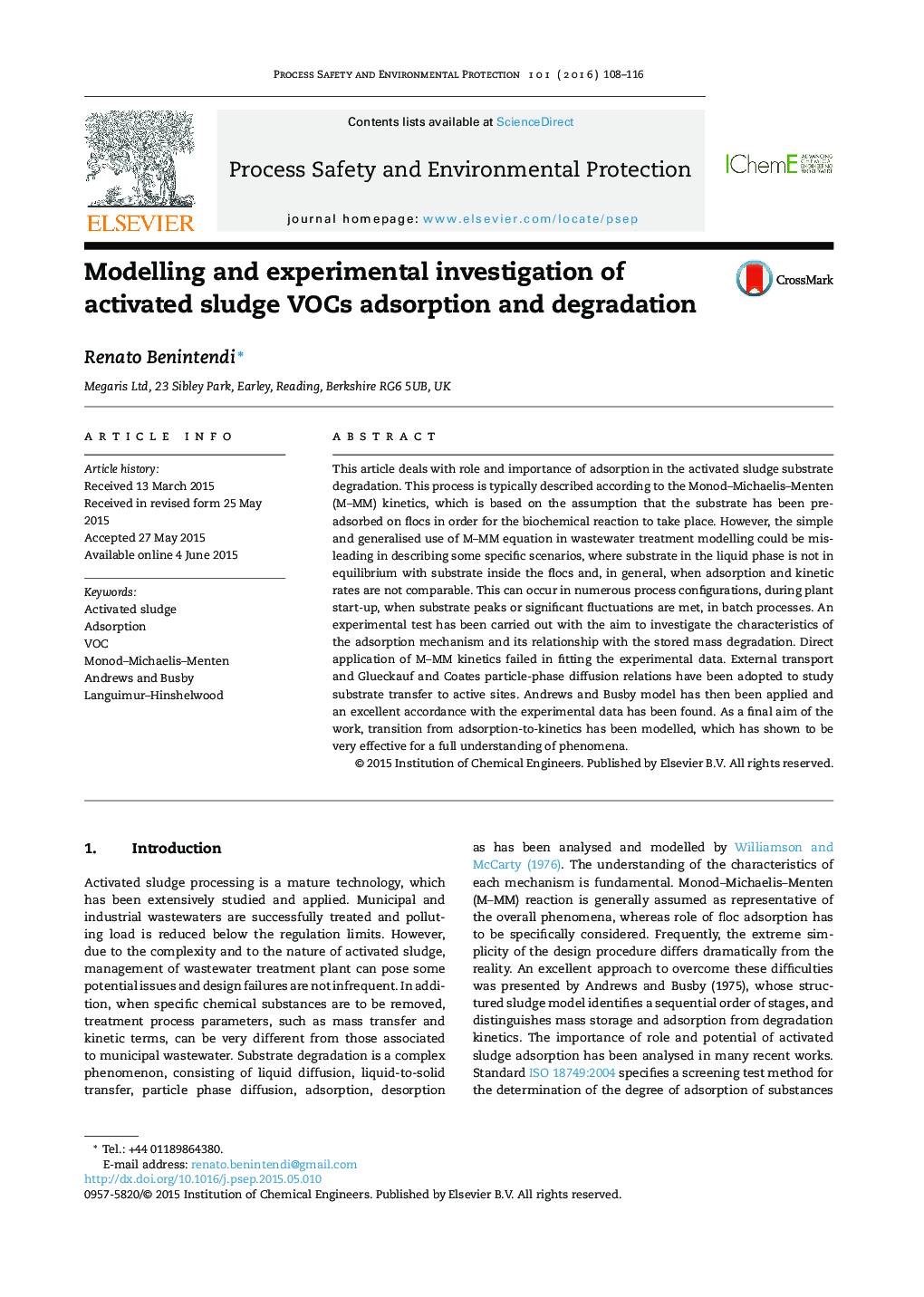 Modelling and experimental investigation of activated sludge VOCs adsorption and degradation