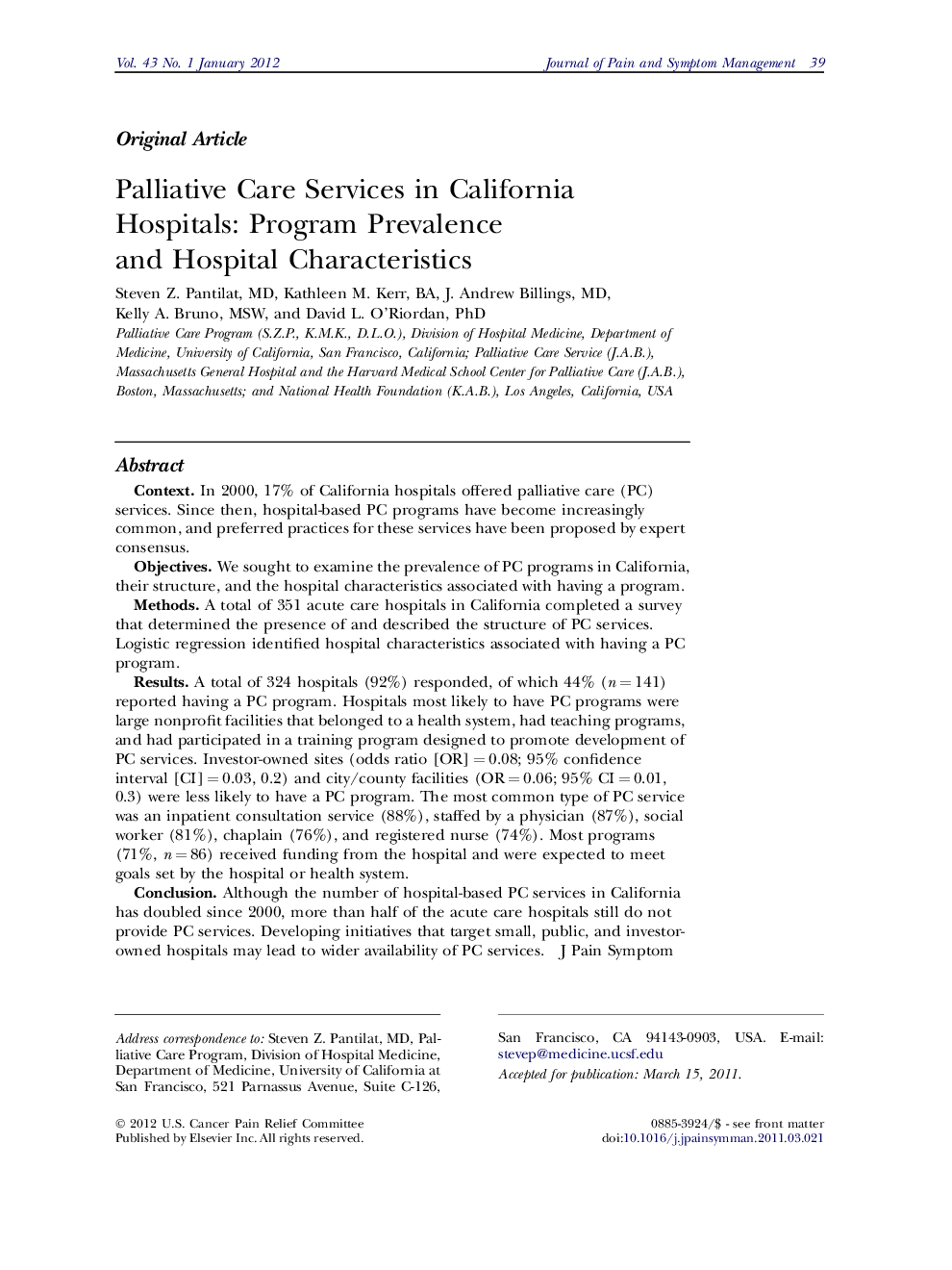 Palliative Care Services in California Hospitals: Program Prevalence and Hospital Characteristics