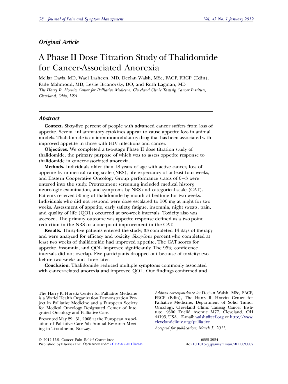 Original ArticleA Phase II Dose Titration Study of Thalidomide for Cancer-Associated Anorexia