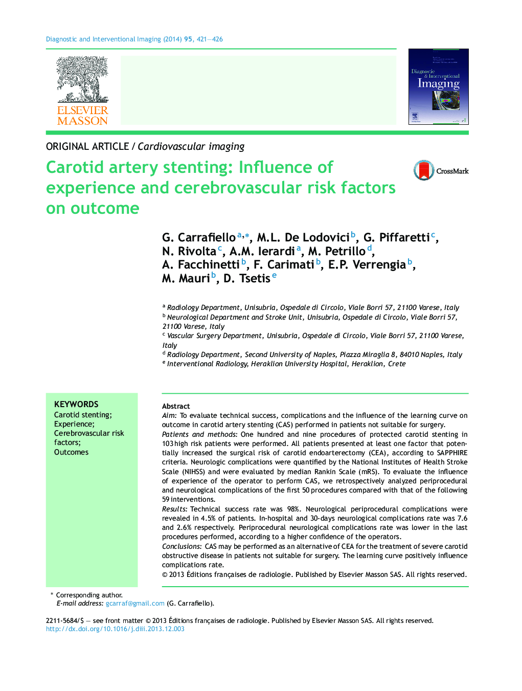 Carotid artery stenting: Influence of experience and cerebrovascular risk factors on outcome