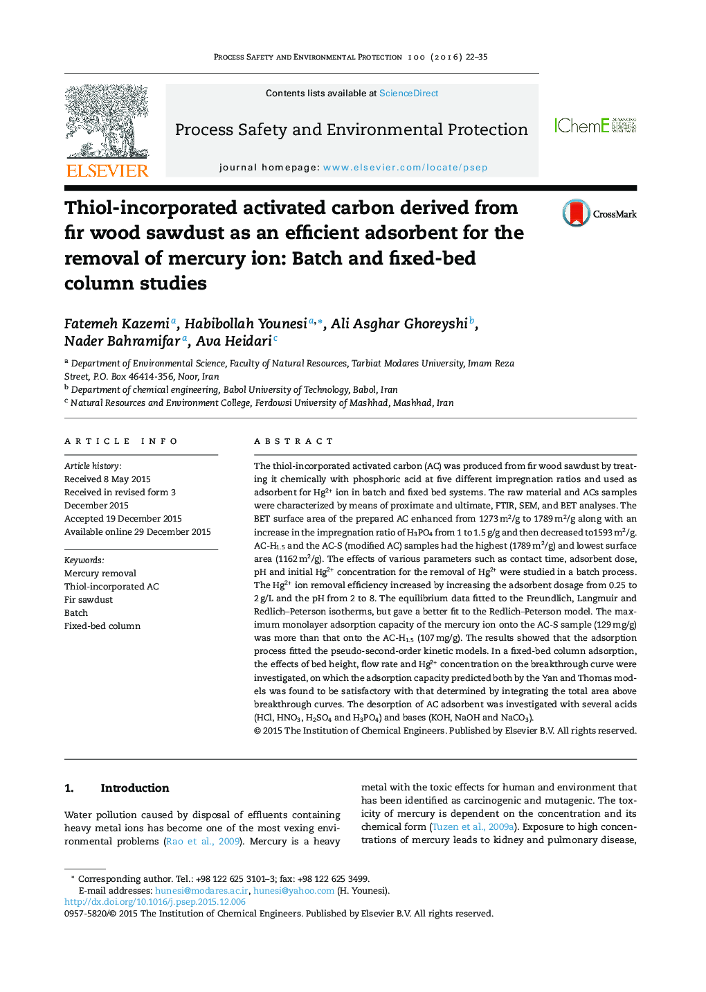 کربن فعال گنجانیده با تیول به عنوان یک جاذب کارآمد برای حذف یون جیوه حاصل از خاک اره چوب صنوبر: مطالعات ستون دسته ای و بستر ثابت 