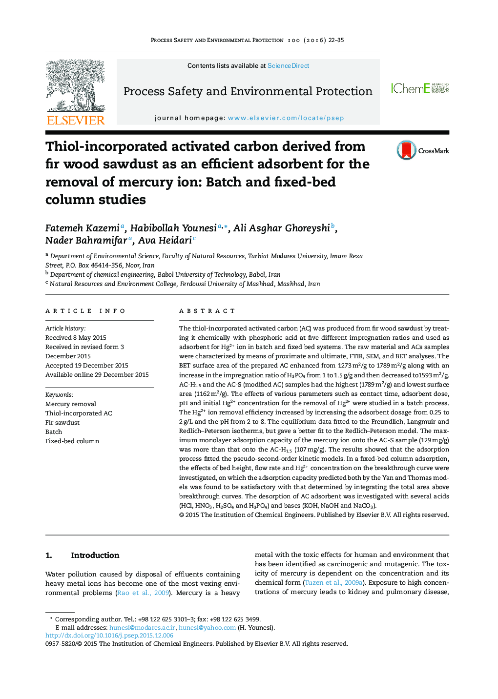 Thiol-incorporated activated carbon derived from fir wood sawdust as an efficient adsorbent for the removal of mercury ion: Batch and fixed-bed column studies