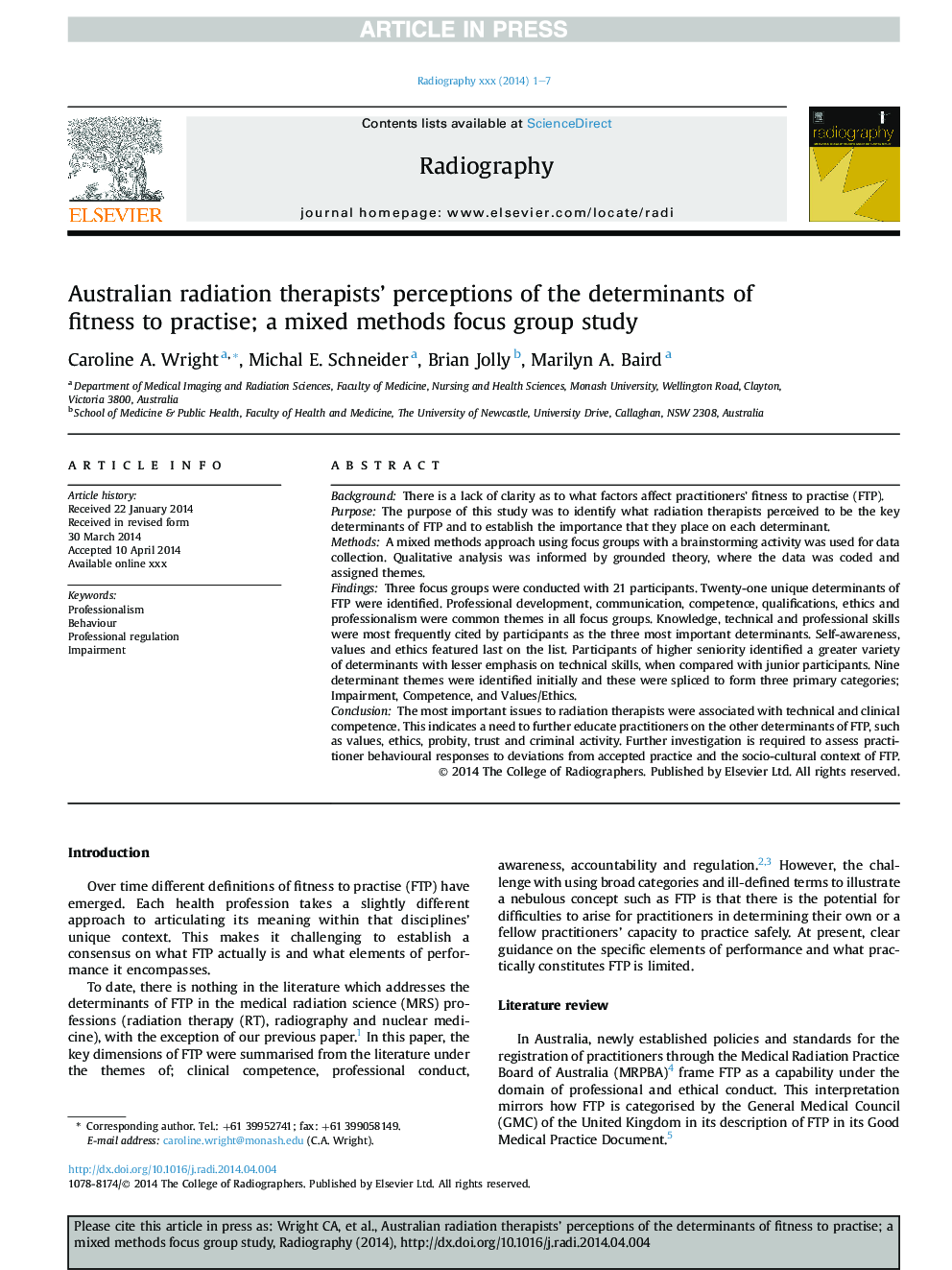 Australian radiation therapists' perceptions of the determinants of fitness to practise; a mixed methods focus group study