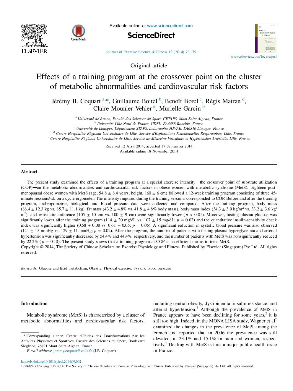 Effects of a training program at the crossover point on the cluster of metabolic abnormalities and cardiovascular risk factors