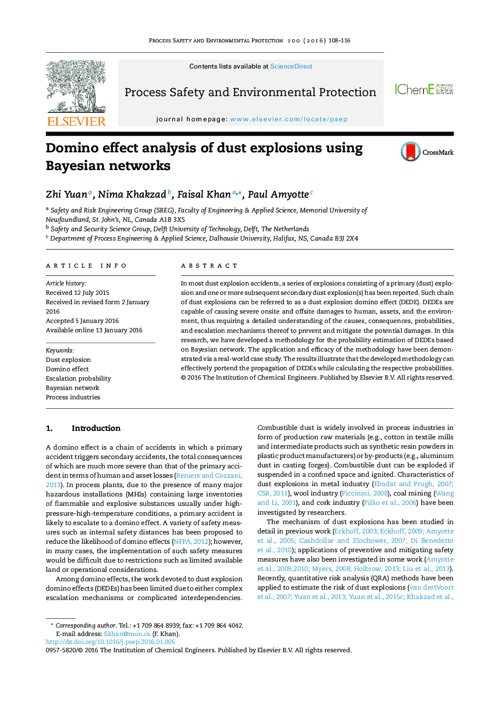 Domino effect analysis of dust explosions using Bayesian networks