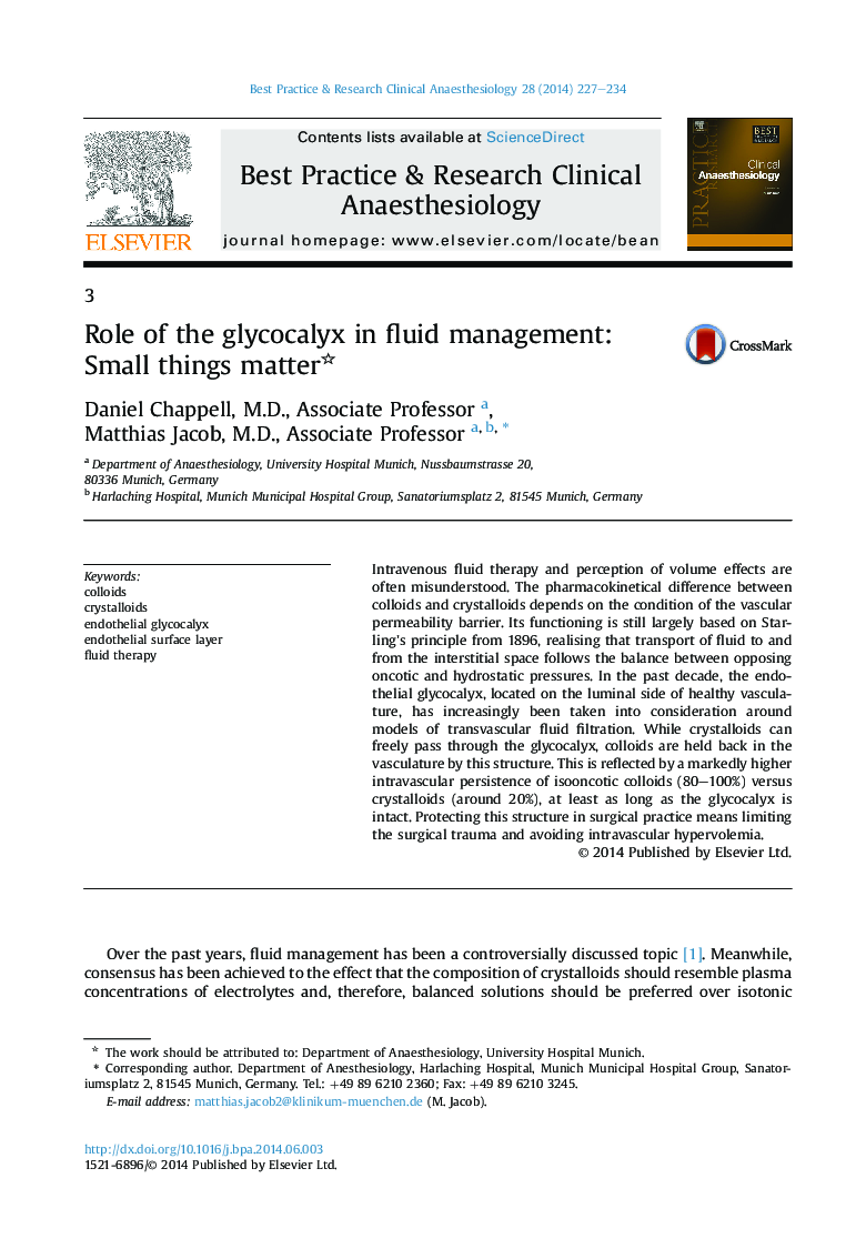 Role of the glycocalyx in fluid management: Small things matter