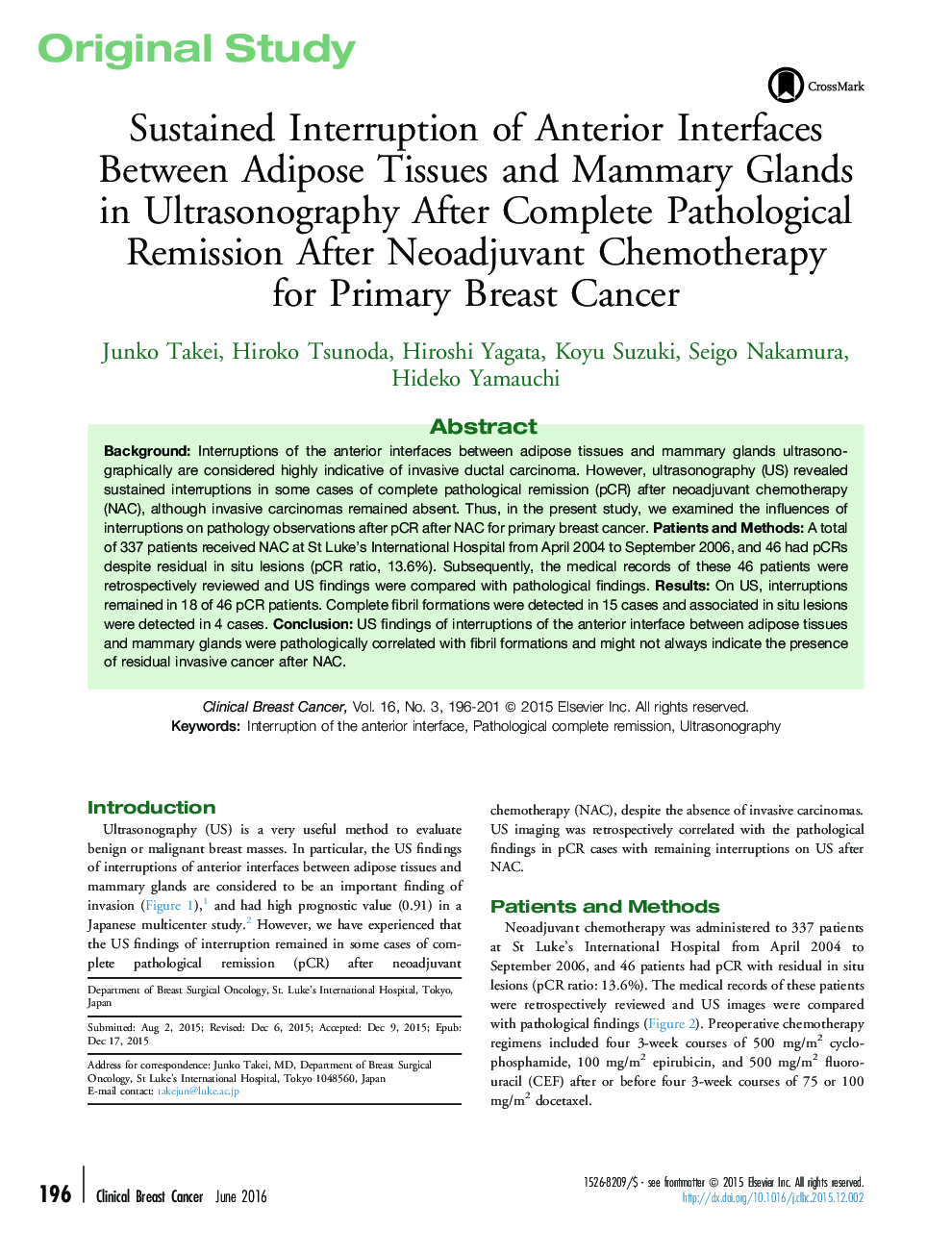 Sustained Interruption of Anterior Interfaces Between Adipose Tissues and Mammary Glands in Ultrasonography After Complete Pathological Remission After Neoadjuvant Chemotherapy for Primary Breast Cancer