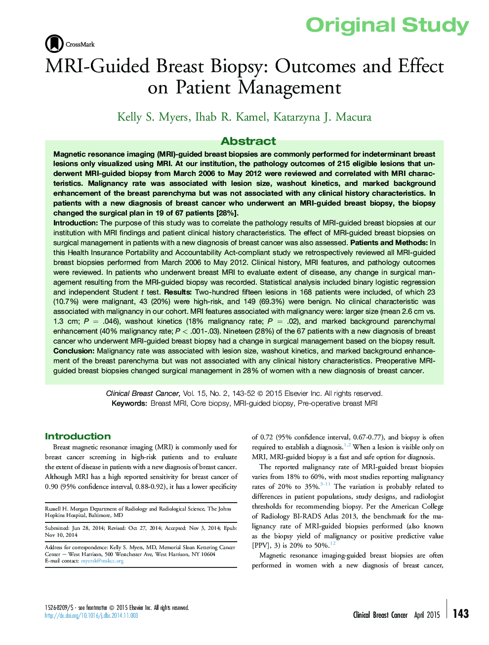 Original StudyMRI-Guided Breast Biopsy: Outcomes and Effect on Patient Management