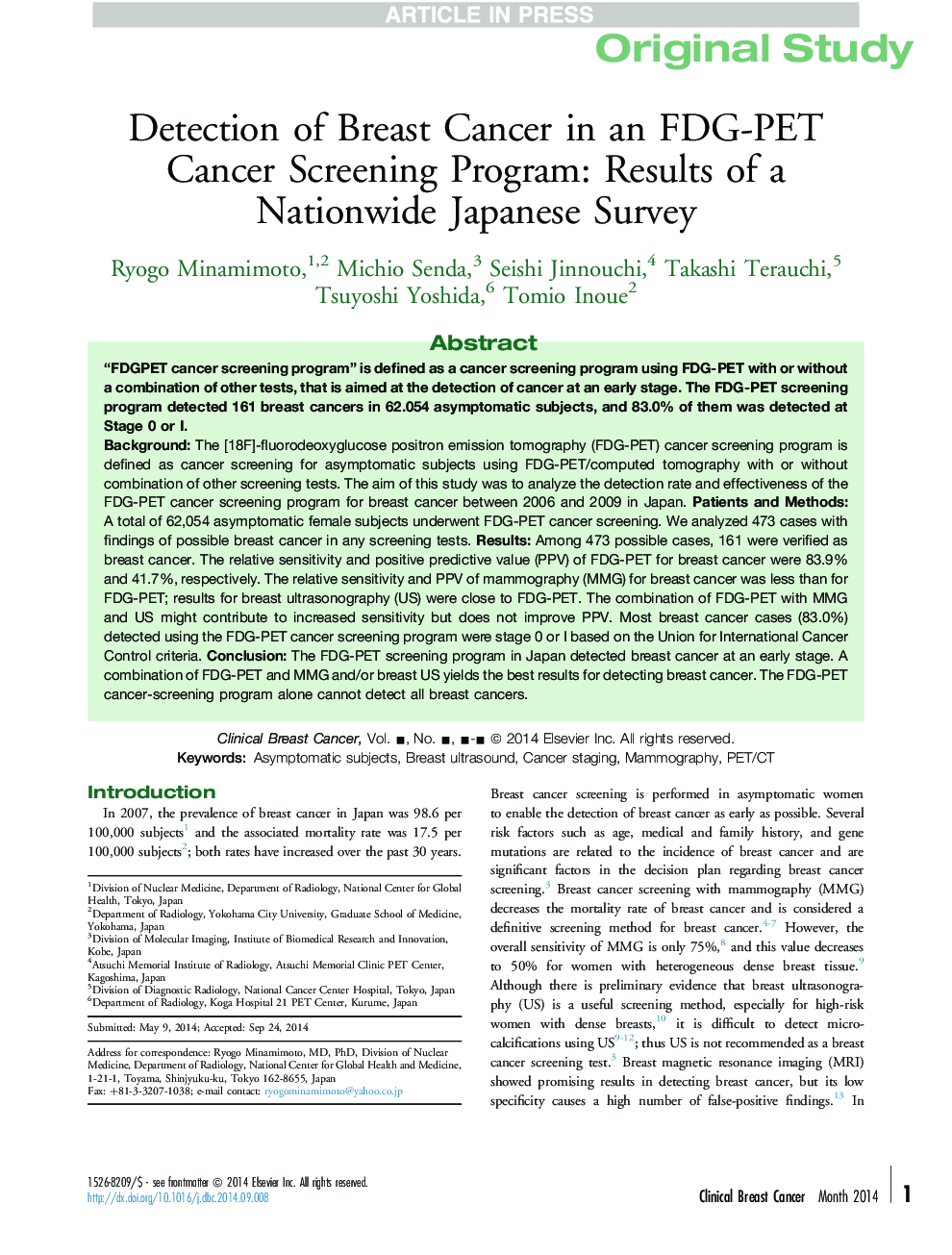 Detection of Breast Cancer in an FDG-PET Cancer Screening Program: Results of a Nationwide Japanese Survey