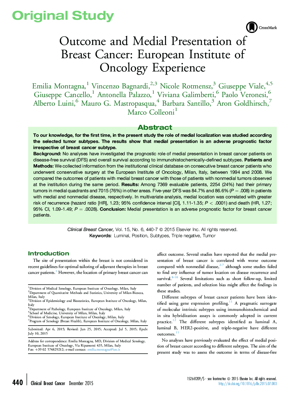 Original StudyOutcome and Medial Presentation of Breast Cancer: European Institute of Oncology Experience