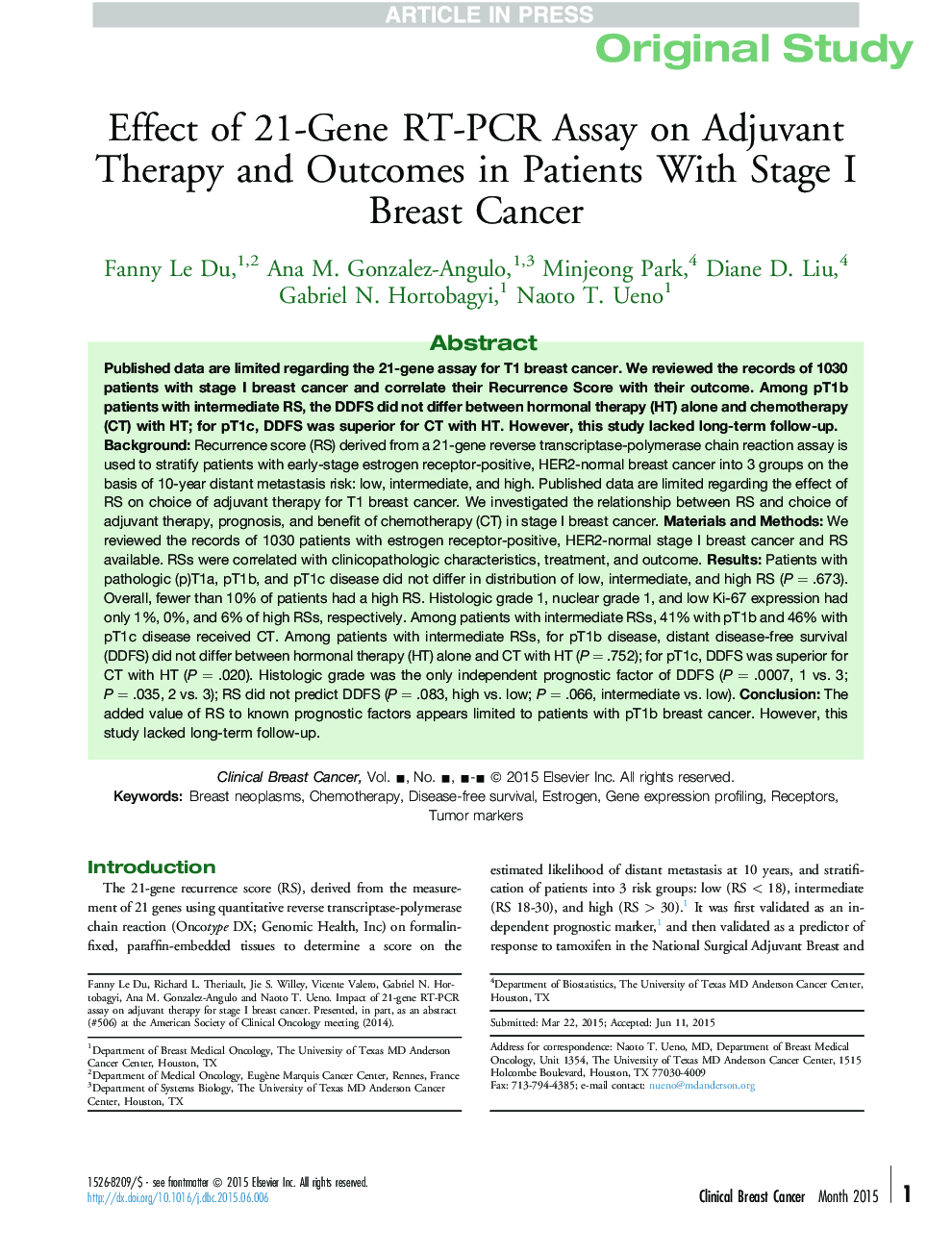 Effect of 21-Gene RT-PCR Assay on Adjuvant Therapy and Outcomes in Patients With Stage I Breast Cancer