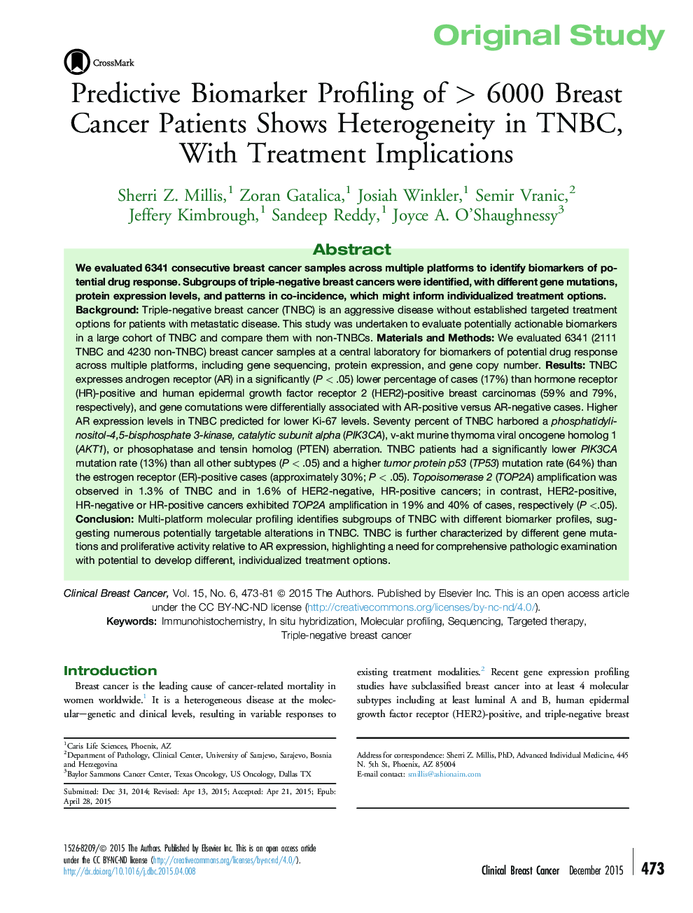 Original StudyPredictive Biomarker Profiling of > 6000 Breast Cancer Patients Shows Heterogeneity in TNBC, With Treatment Implications