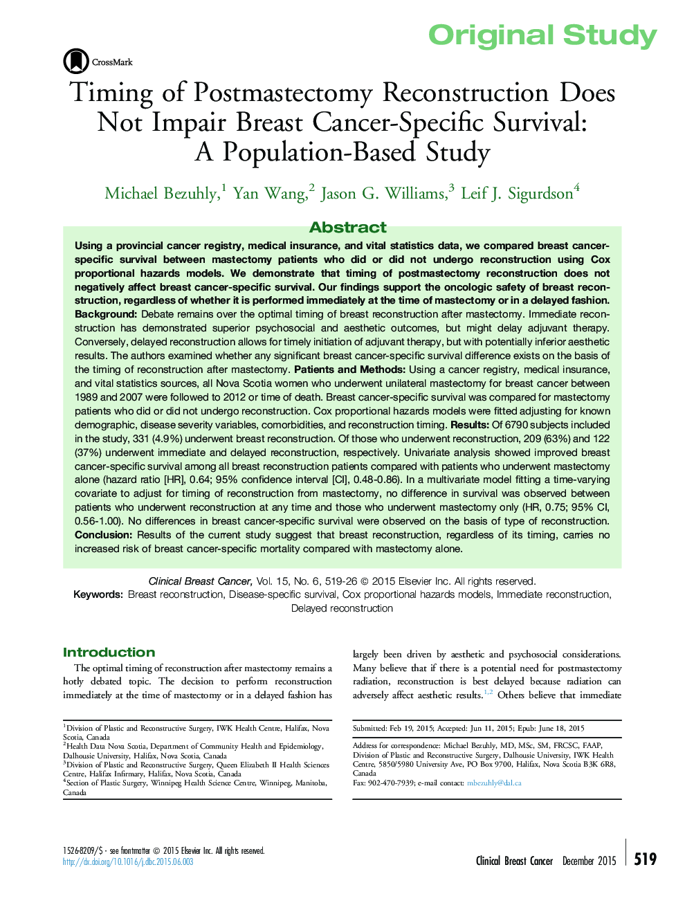 Timing of Postmastectomy Reconstruction Does Not Impair Breast Cancer-Specific Survival: A Population-Based Study