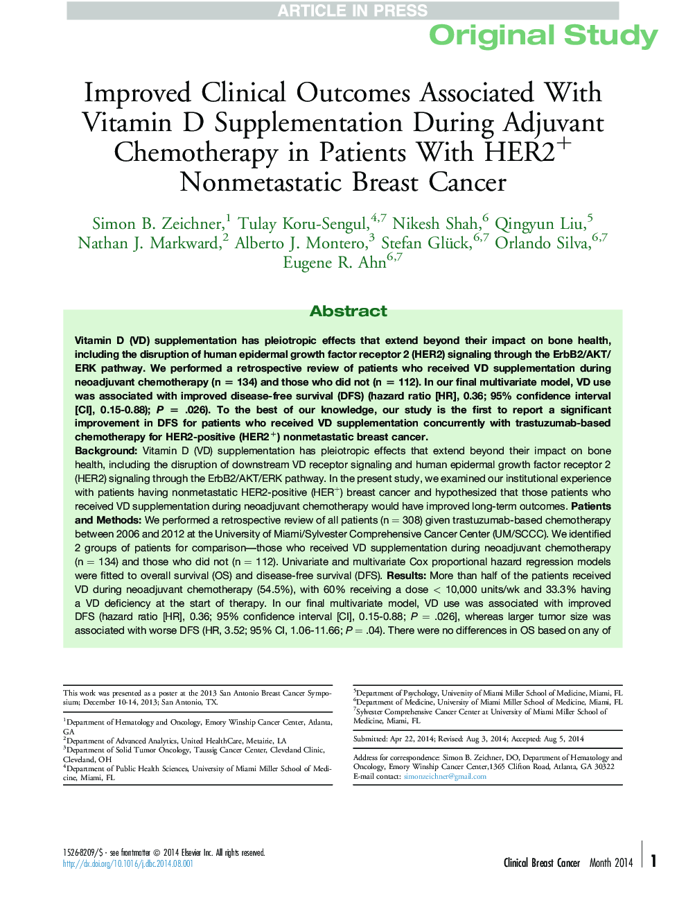 Improved Clinical Outcomes Associated With Vitamin D Supplementation During Adjuvant Chemotherapy in Patients With HER2+ Nonmetastatic Breast Cancer