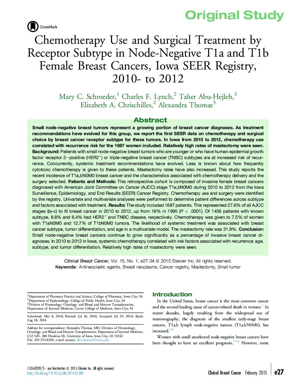 Chemotherapy Use and Surgical Treatment by Receptor Subtype in Node-Negative T1a and T1b Female Breast Cancers, Iowa SEER Registry, 2010- to 2012