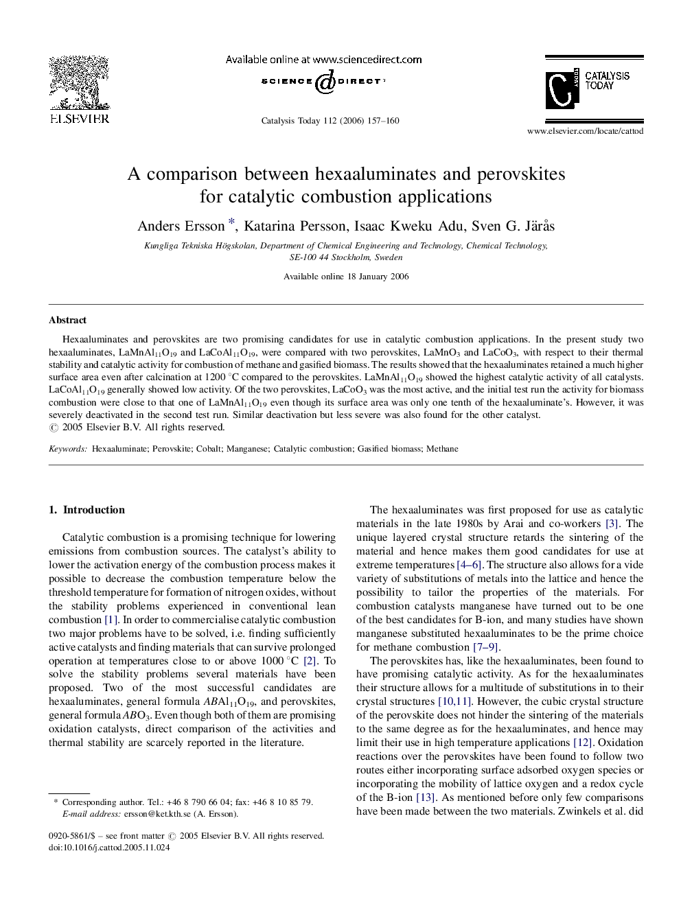 A comparison between hexaaluminates and perovskites for catalytic combustion applications