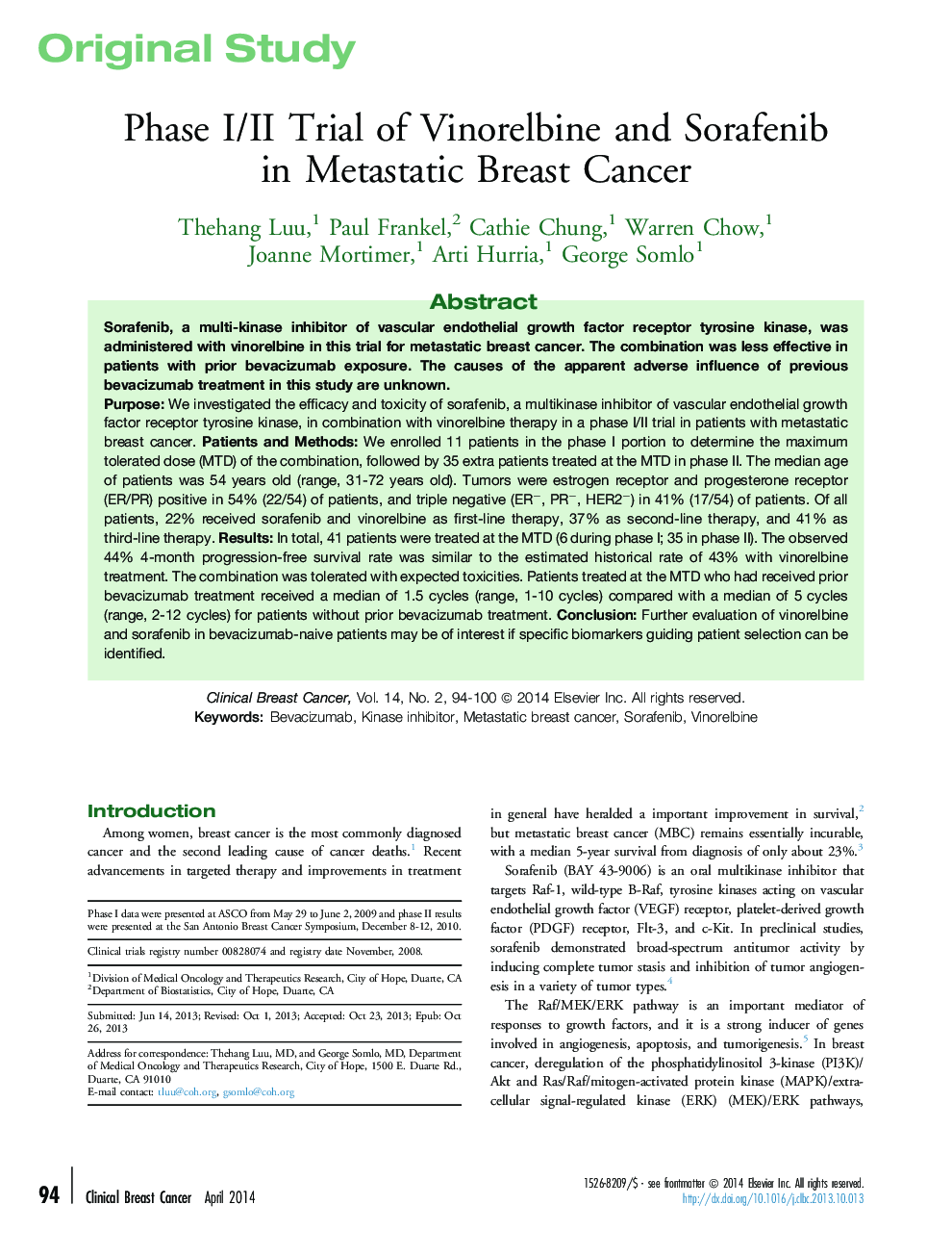 Phase I/II Trial of Vinorelbine and Sorafenib in Metastatic Breast Cancer