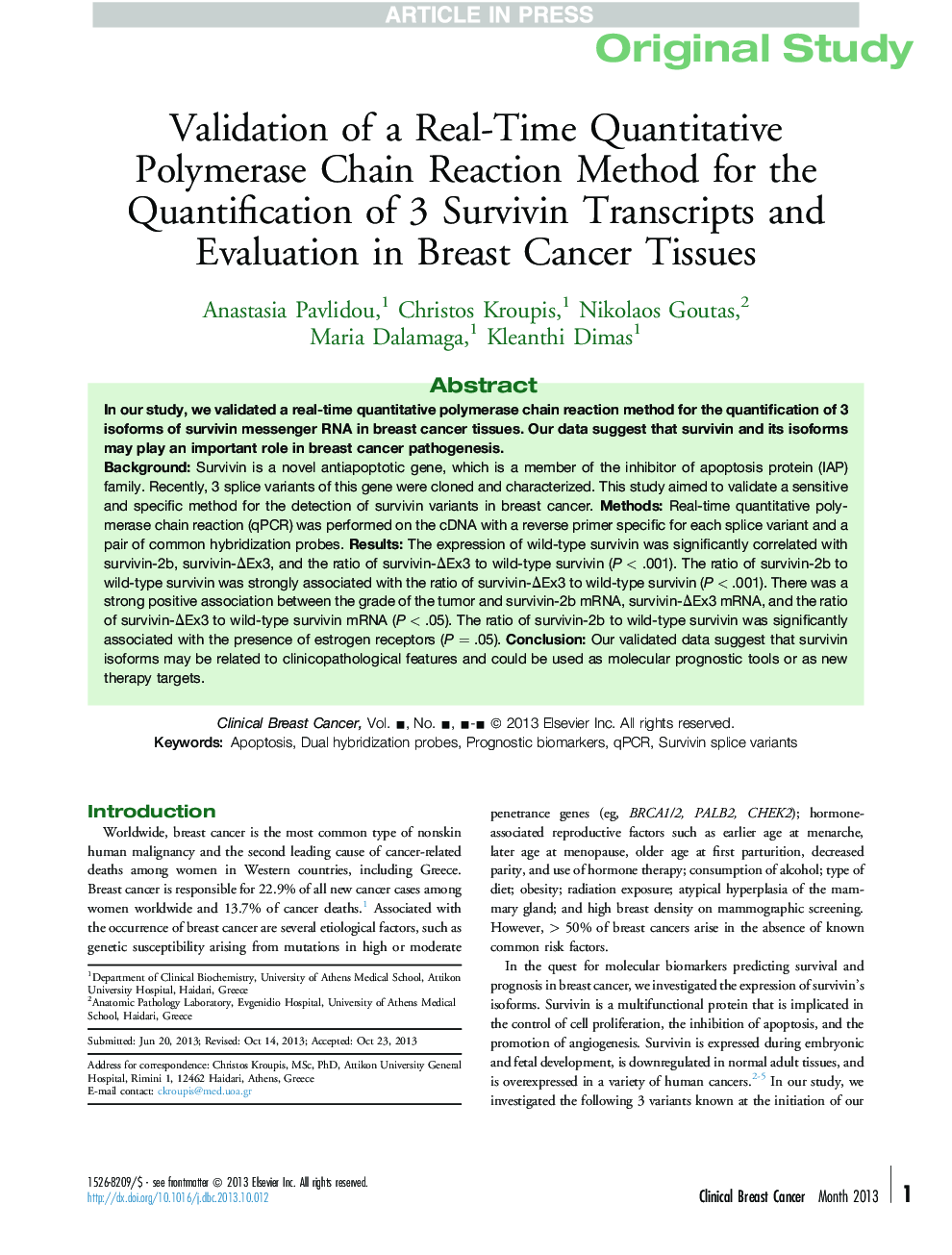 Validation of a Real-Time Quantitative Polymerase Chain Reaction Method for the Quantification of 3 Survivin Transcripts and Evaluation in Breast Cancer Tissues