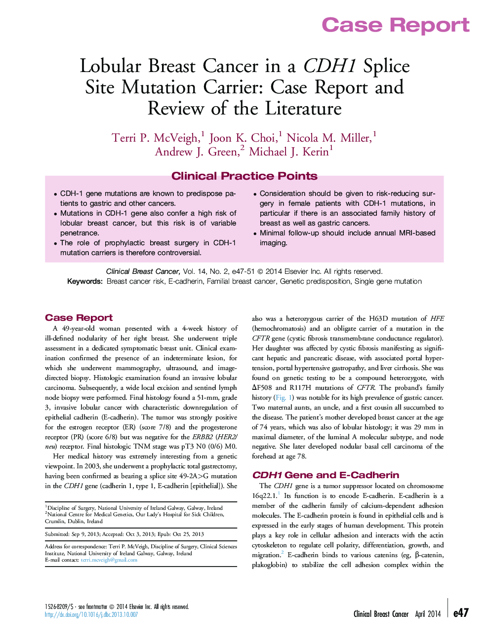 Lobular Breast Cancer in a CDH1 Splice Site Mutation Carrier: Case Report and Review of the Literature