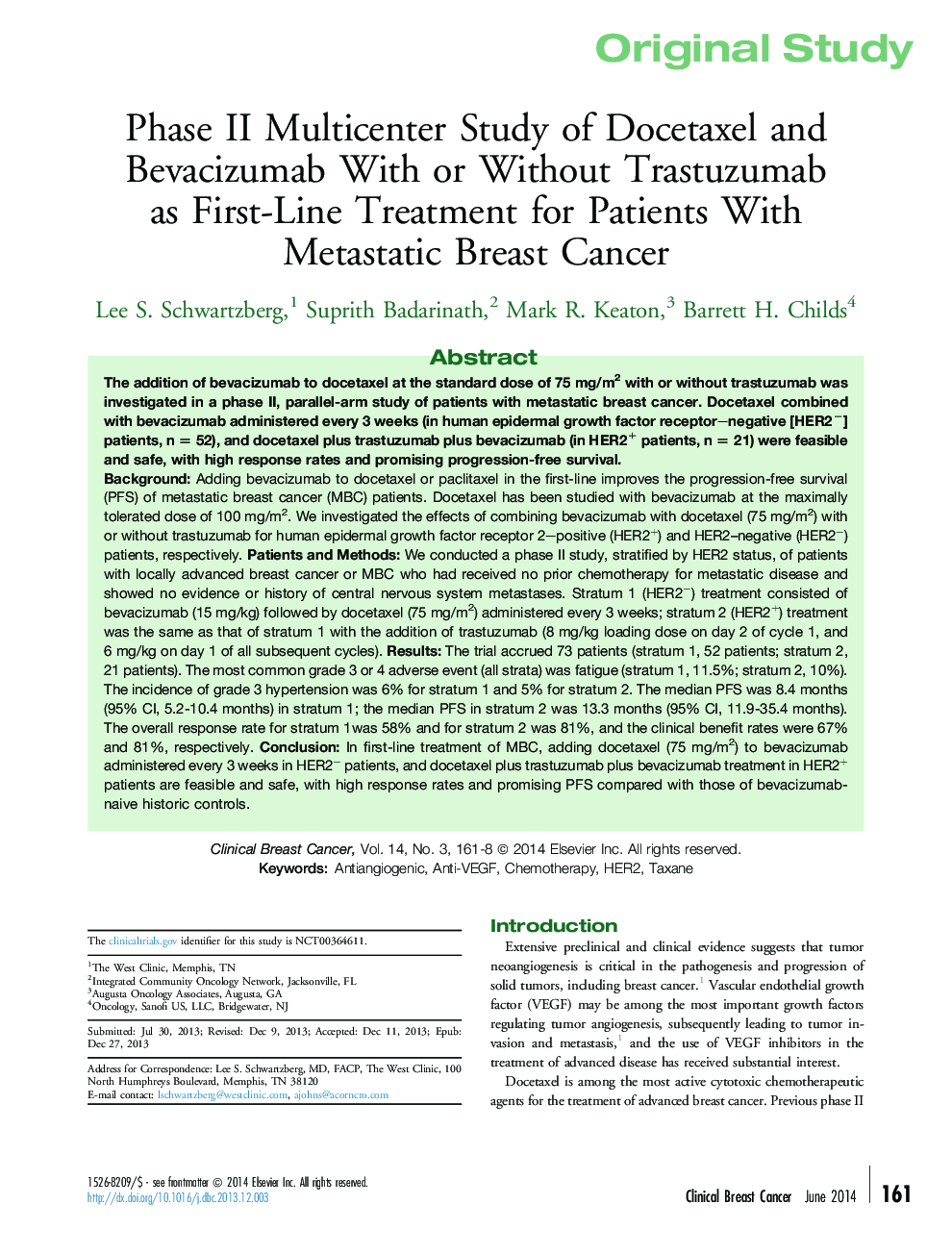 Original studyPhase II Multicenter Study of Docetaxel and Bevacizumab With or Without Trastuzumab as First-Line Treatment for Patients With Metastatic Breast Cancer