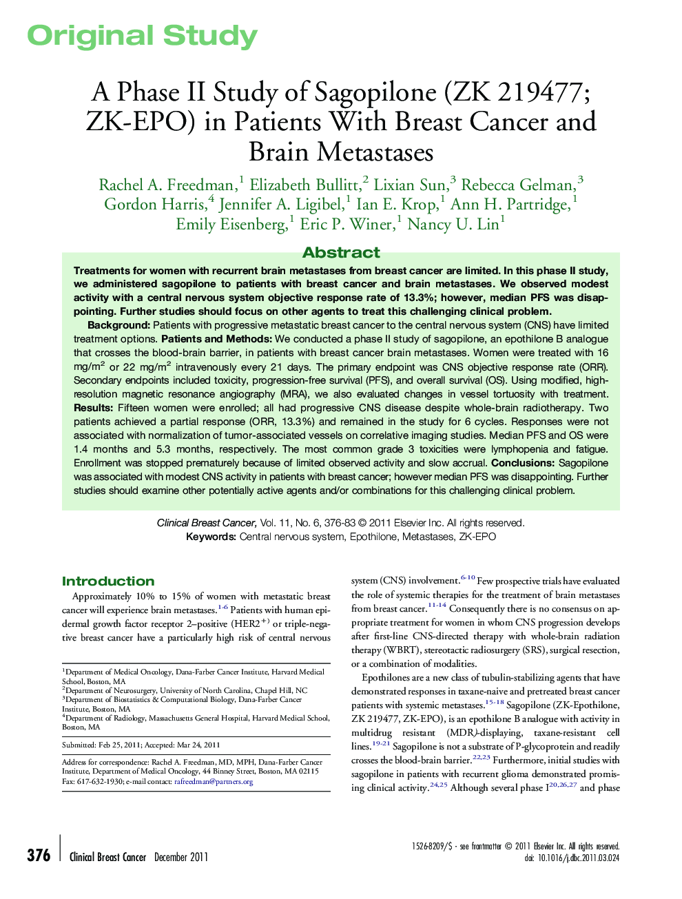 A Phase II Study of Sagopilone (ZK 219477; ZK-EPO) in Patients With Breast Cancer and Brain Metastases