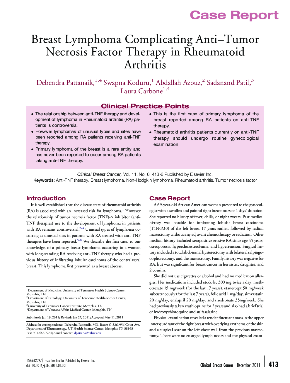 Breast Lymphoma Complicating Anti-Tumor Necrosis Factor Therapy in Rheumatoid Arthritis