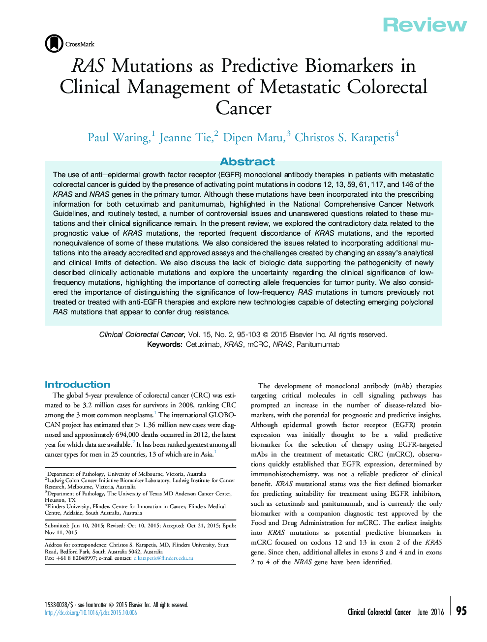 ReviewRAS Mutations as Predictive Biomarkers in Clinical Management of Metastatic Colorectal Cancer