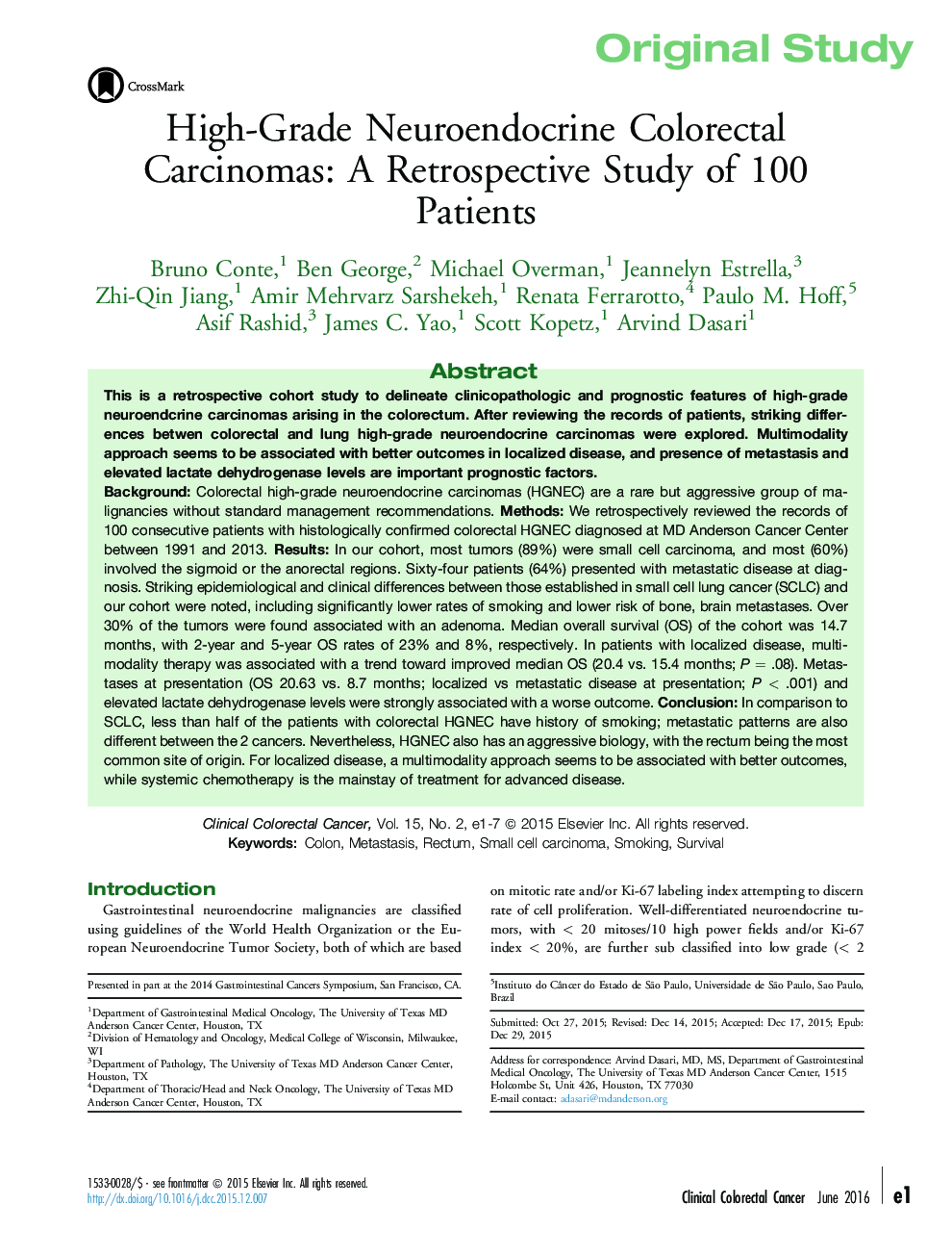 Original StudyHigh-Grade Neuroendocrine Colorectal Carcinomas: A Retrospective Study of 100 Patients