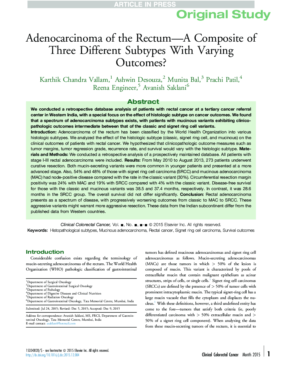 Adenocarcinoma of the Rectum-A Composite of Three Different Subtypes With Varying Outcomes?