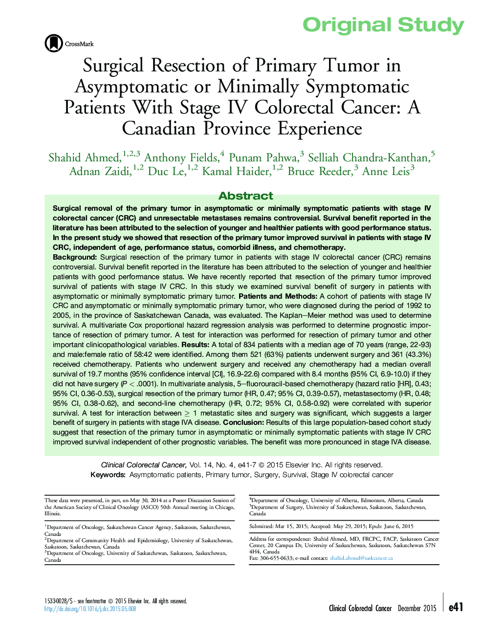 Original StudySurgical Resection of Primary Tumor in Asymptomatic or Minimally Symptomatic Patients With Stage IV Colorectal Cancer: A Canadian Province Experience