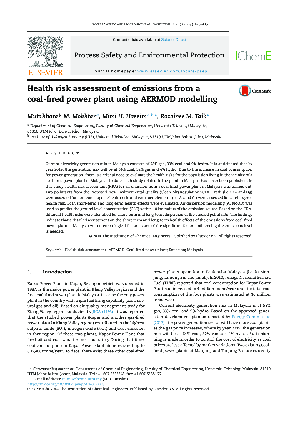 Health risk assessment of emissions from a coal-fired power plant using AERMOD modelling