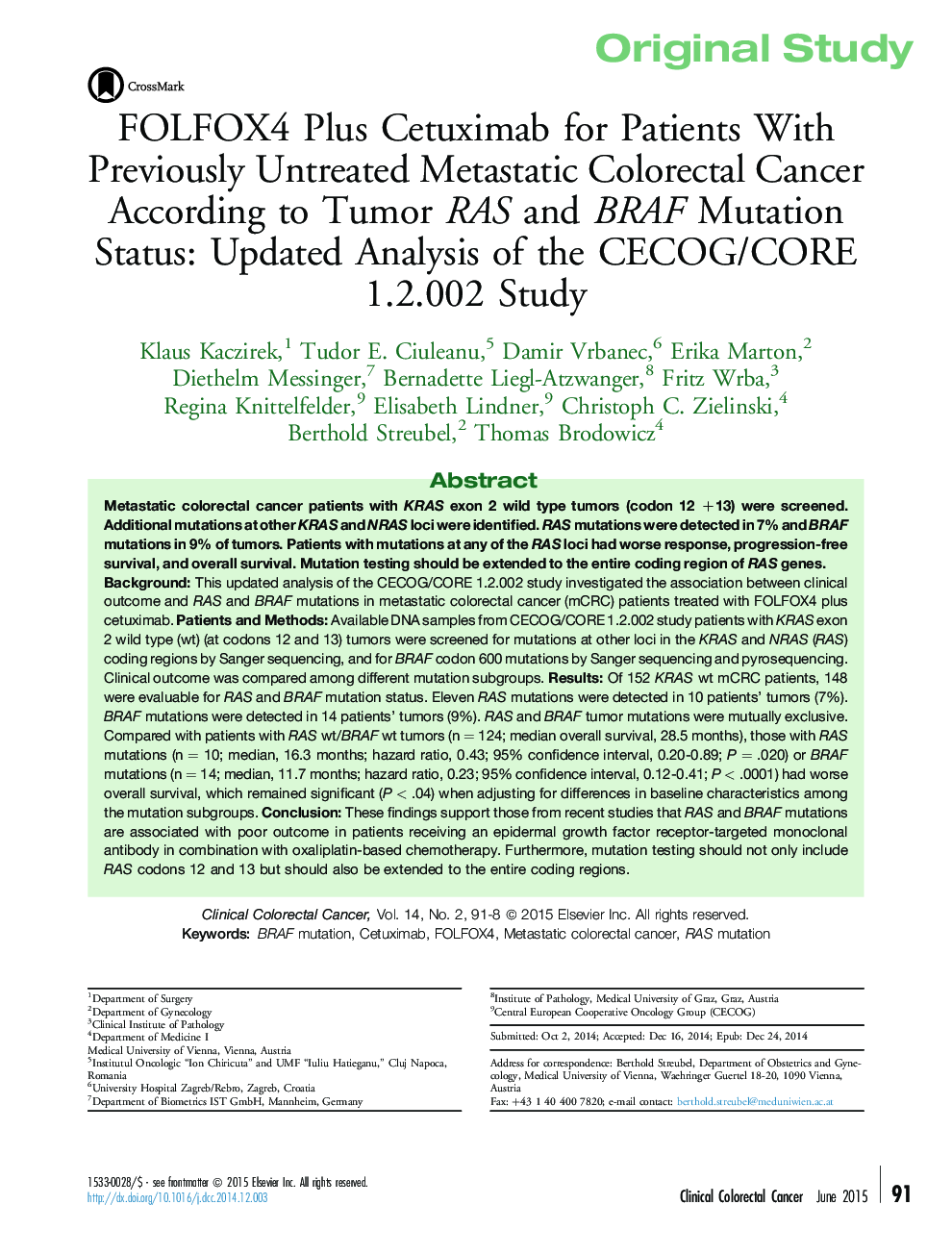 FOLFOX4 Plus Cetuximab for Patients With Previously Untreated Metastatic Colorectal Cancer According to Tumor RAS and BRAF Mutation Status: Updated Analysis of the CECOG/CORE 1.2.002 Study