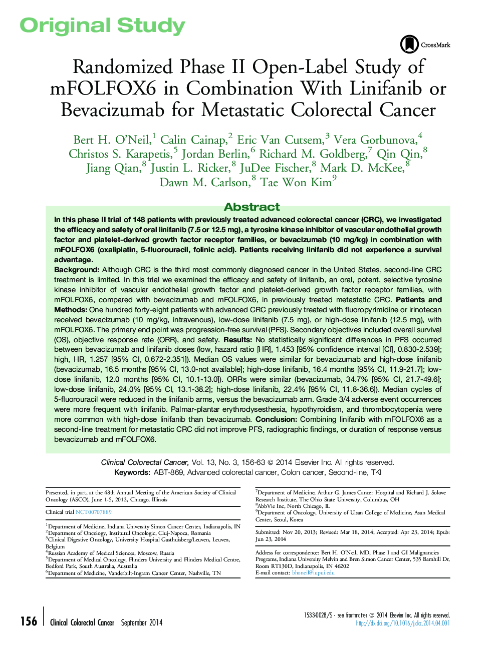 Randomized Phase II Open-Label Study of mFOLFOX6 in Combination With Linifanib or Bevacizumab for Metastatic Colorectal Cancer