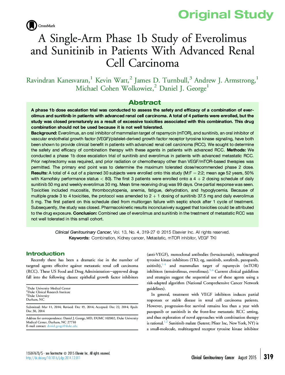 A Single-Arm Phase 1b Study of Everolimus and Sunitinib in Patients With Advanced Renal Cell Carcinoma