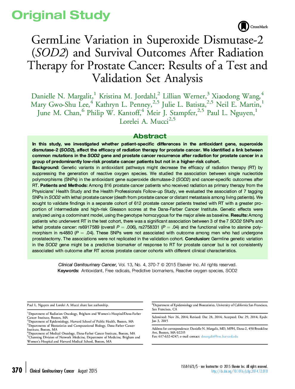 GermLine Variation in Superoxide Dismutase-2 (SOD2) and Survival Outcomes After Radiation Therapy for Prostate Cancer: Results of a Test and Validation Set Analysis