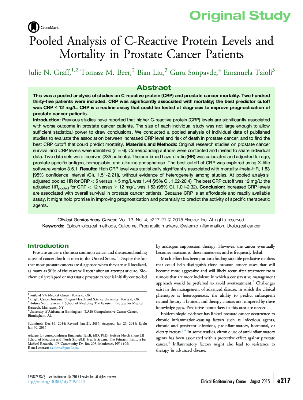 Original StudyPooled Analysis of C-Reactive Protein Levels and Mortality in Prostate Cancer Patients