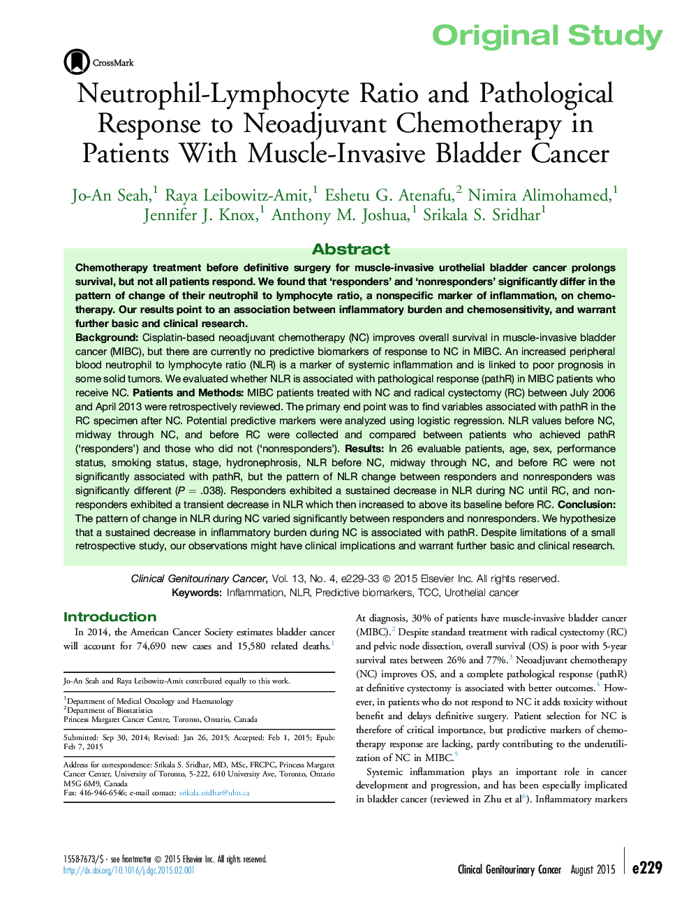 Original StudyNeutrophil-Lymphocyte Ratio and Pathological Response to Neoadjuvant Chemotherapy in Patients With Muscle-Invasive Bladder Cancer