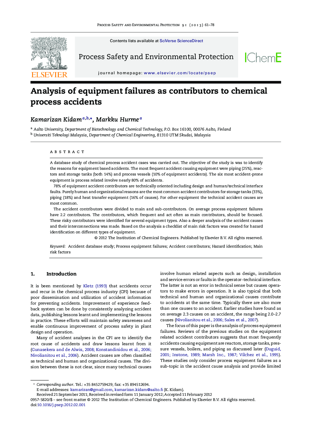 Analysis of equipment failures as contributors to chemical process accidents