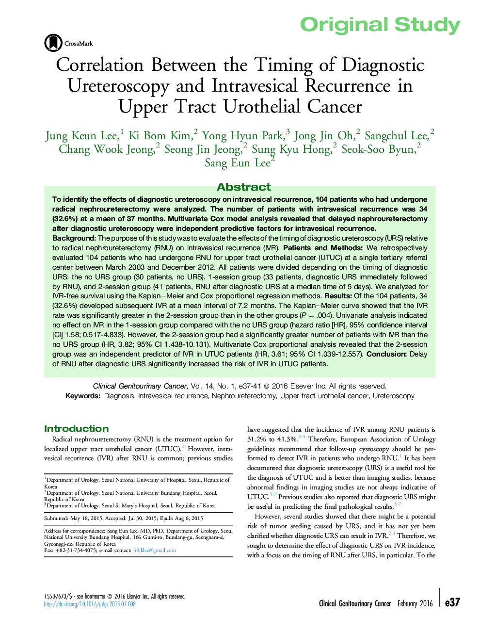 Correlation Between the Timing of Diagnostic Ureteroscopy and Intravesical Recurrence in Upper Tract Urothelial Cancer