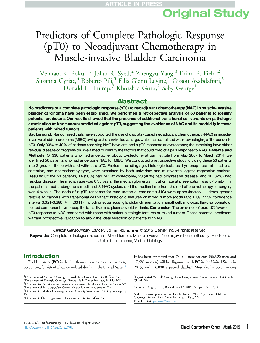 Predictors of Complete Pathologic Response (pT0) to Neoadjuvant Chemotherapy in Muscle-invasive Bladder Carcinoma