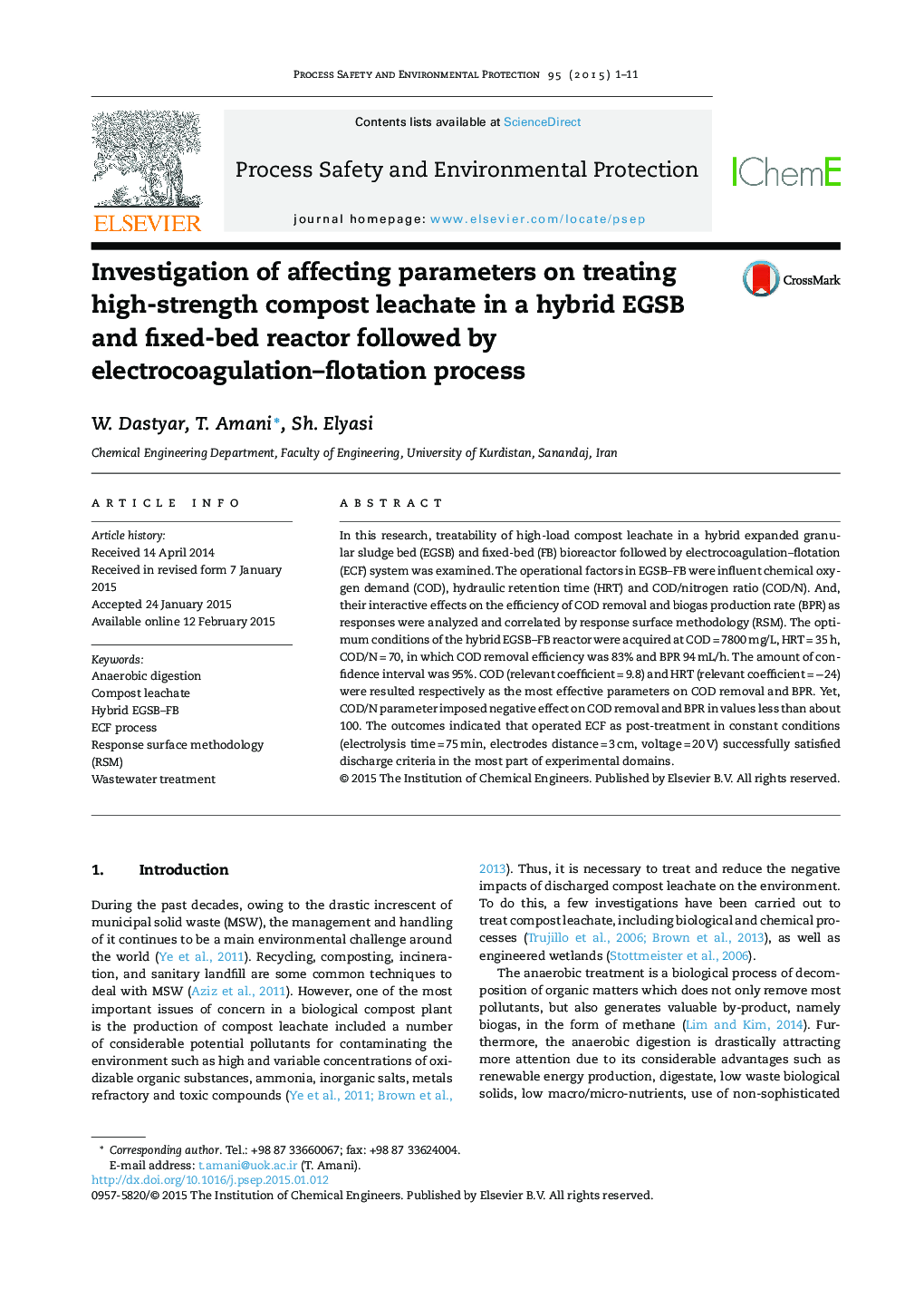 Investigation of affecting parameters on treating high-strength compost leachate in a hybrid EGSB and fixed-bed reactor followed by electrocoagulation–flotation process