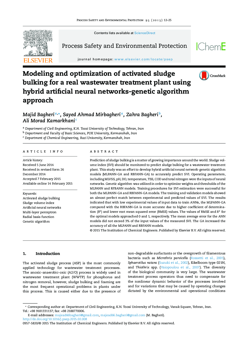 Modeling and optimization of activated sludge bulking for a real wastewater treatment plant using hybrid artificial neural networks-genetic algorithm approach