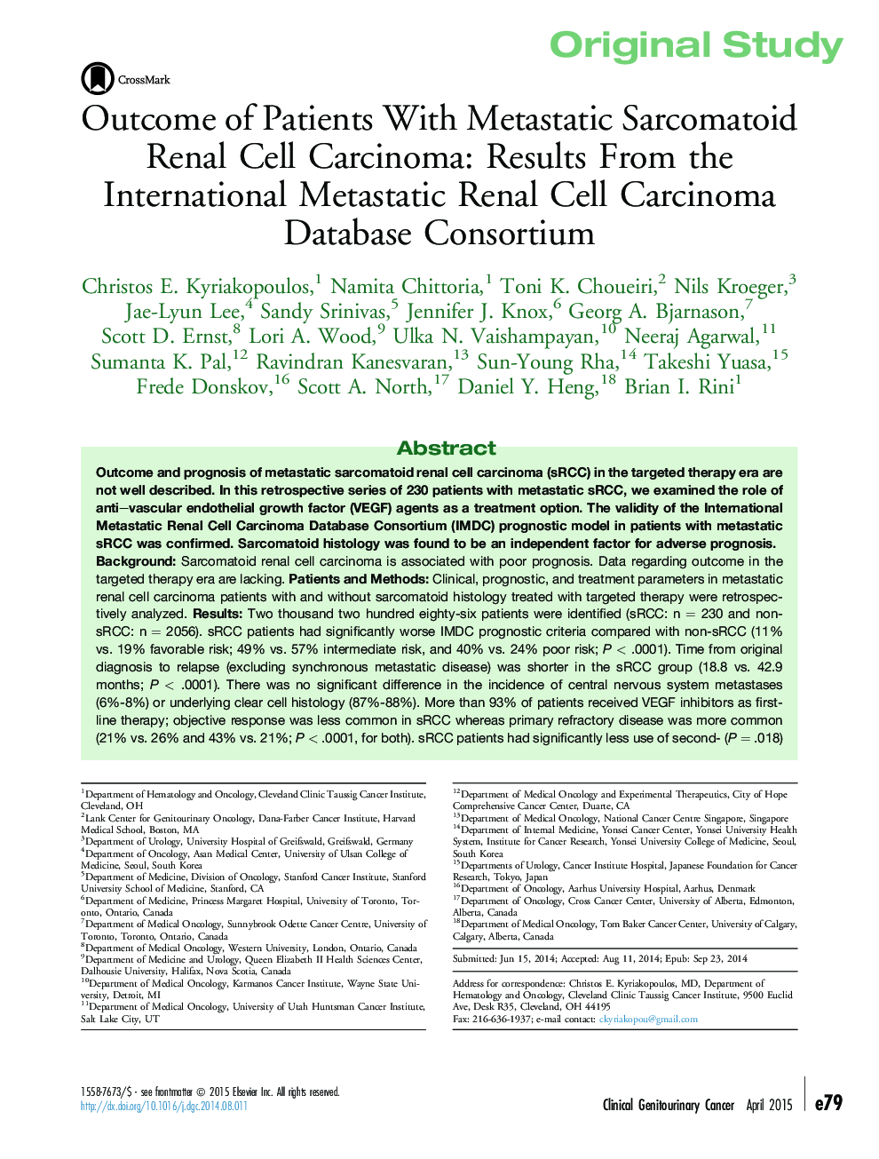 مطالعه اصلی در مورد بیماران مبتلا به سل کارسینوم سلول های سرطانی متاستاتیک: نتایج از کنسرسیوم پایگاه داده بین المللی متاستاتیک سلول های سرطانی کلیه 