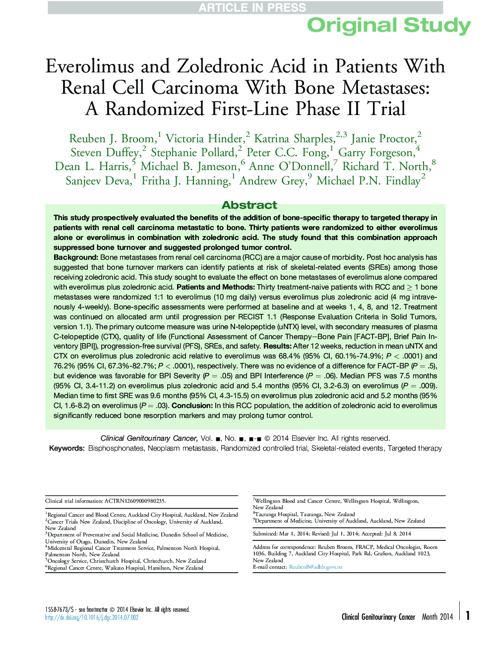 Everolimus and Zoledronic Acid in Patients With Renal Cell Carcinoma With Bone Metastases: AÂ Randomized First-Line Phase II Trial