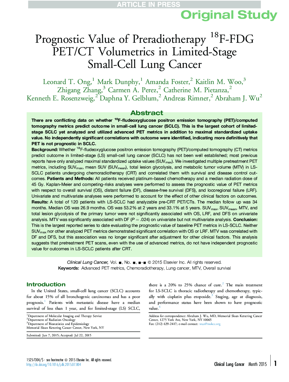 Prognostic Value of Preradiotherapy 18F-FDG PET/CT Volumetrics in Limited-Stage Small-Cell Lung Cancer