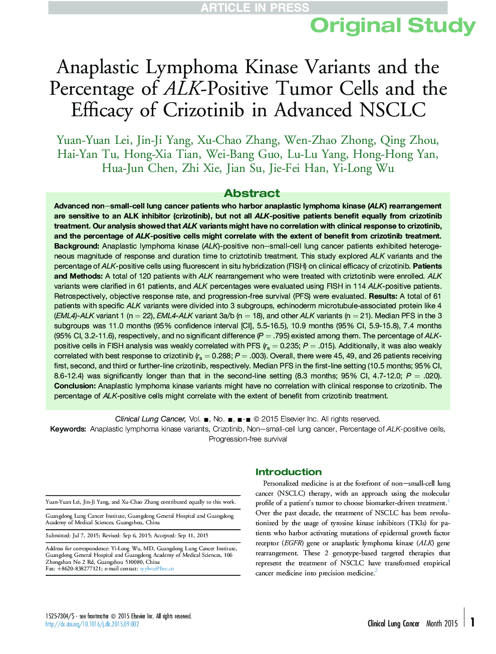 Anaplastic Lymphoma Kinase Variants and the Percentage of ALK-Positive Tumor Cells and the Efficacy of Crizotinib in Advanced NSCLC
