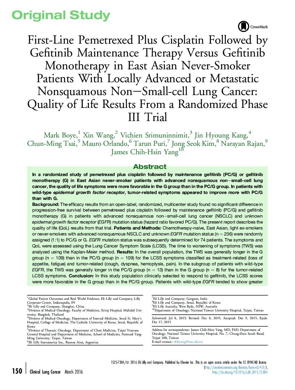 Original StudyFirst-Line Pemetrexed Plus Cisplatin Followed by Gefitinib Maintenance Therapy Versus Gefitinib Monotherapy in East Asian Never-Smoker Patients With Locally Advanced or Metastatic Nonsquamous Non-Small-cell Lung Cancer: Quality of Life Res